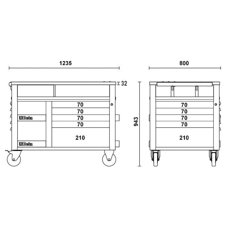 Beta Gereedschapswagen met 10 laden werkbank en blad RSC28 Rood